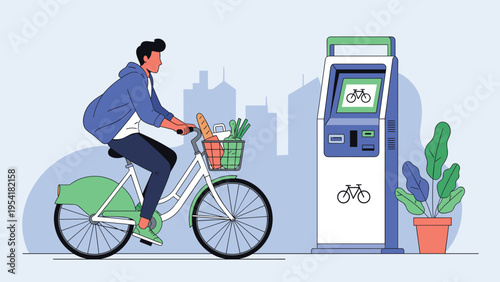 Young man riding a green shared rental bicycle carrying groceries in a front basket past a city bike station kiosk.