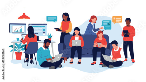 Diverse group of people working together in a modern open office space using laptops and tablets while communicating with each other.