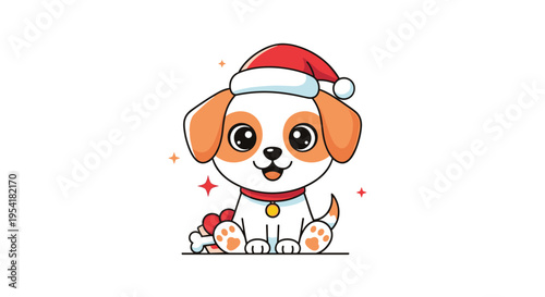 Sweet cartoon puppy dog wearing a red and white santa hat to celebrate the christmas holiday season with festive joy and sparkles.