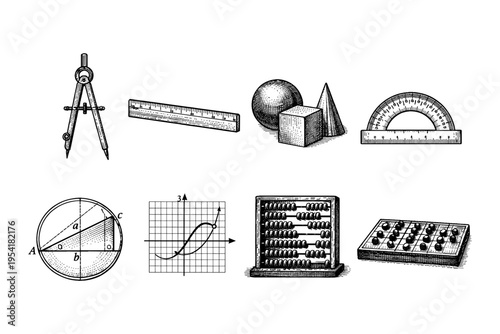 Collection of vintage mathematical instruments and geometric shapes for education and learning
