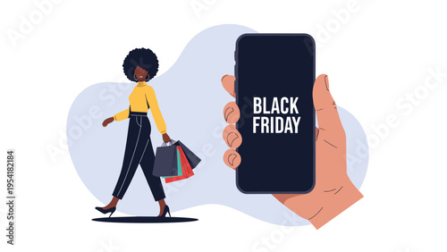 Hand holding a smartphone displaying a Black Friday sale message while a stylish Black woman walks by with shopping bags.
