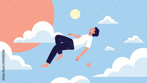 Man floating or falling peacefully in a clear blue sky among soft white clouds with a large sun in the background.