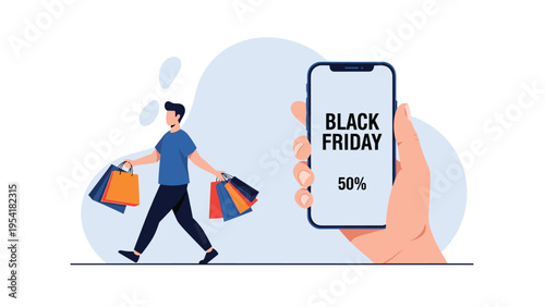 Hand holding a smartphone showing a Black Friday fifty percent discount as a man walks past with several colorful shopping bags.