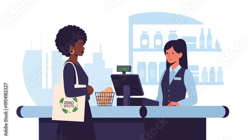 Black woman with a reusable zero waste shopping bag standing at a grocery store checkout counter being served by a cashier.