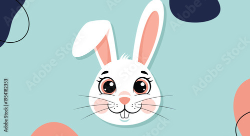 Close up illustration of a cute white rabbit face with large expressive eyes and pink ears against an abstract blue background.
