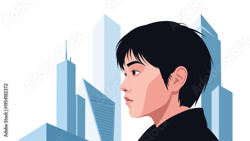 Profile view of a young person with short black hair looking thoughtfully towards a modern city skyline with tall skyscrapers.