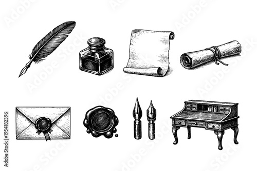 Vintage writing instruments and stationery set, hand-drawn illustration
