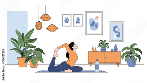 Young woman practicing a difficult yoga pose on a mat in a beautiful living room filled with plants and art on the walls.