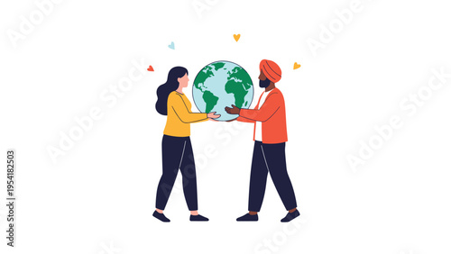 Diverse couple consisting of a woman and a man in a turban holding a globe together to represent global unity and love.
