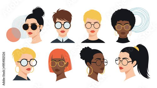 Collection of eight diverse female portraits each wearing different styles of fashionable eyeglasses and unique hairstyles.