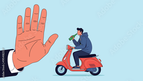 Man drinking alcohol while riding red motor scooter is stopped by large hand gesture representing danger and safety warning.