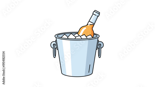 Chilled bottle of white wine or champagne resting in metal ice bucket filled with ice cubes for celebration or special occasion.