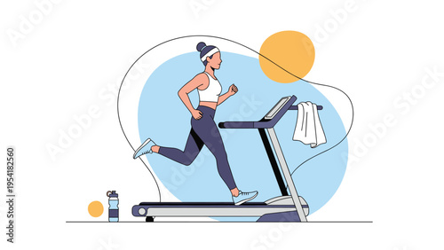 Active woman in fitness gear running on treadmill for cardio workout in modern gym setting with abstract background elements.