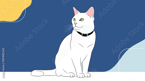Elegant white cat with green eyes and black collar sitting gracefully against a dark blue and yellow abstract graphic background.