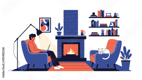 Man working on laptop while sitting in armchair by cozy fireplace with sleeping cat in a comfortable and warm living room.