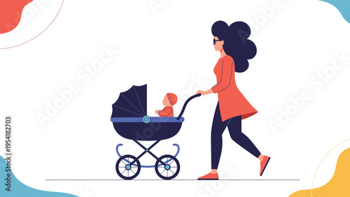 Active woman walking quickly while pushing baby in modern stroller outdoors against abstract colorful corner shapes.