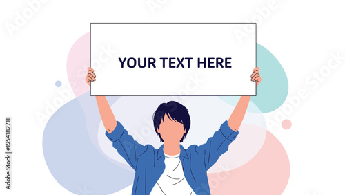Person holding up large blank white rectangular sign for custom text against soft colorful abstract background shapes.
