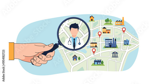 Hand holding magnifying glass over city map to find a doctor or healthcare facility represented by icon and location pins.