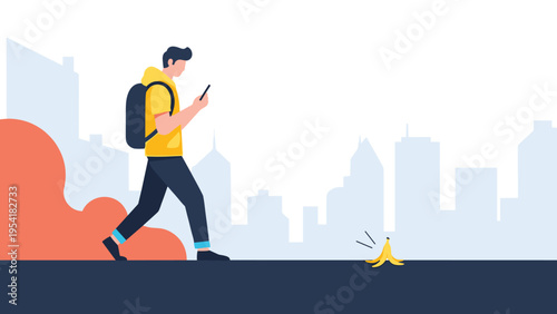 Distracted man looking at smartphone while walking towards a banana peel on city street representing accident risk.
