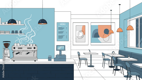 Interior view of modern stylish coffee shop with espresso machine, menu board, dining tables, and comfortable seating area.