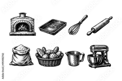 Vintage baking tools and ingredients illustration: oven, flour sack, bread basket, mixer, and more