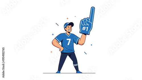 Enthusiastic sports fan wearing number seven jersey and large blue number one foam finger cheering for his favorite team.