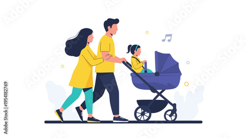 Happy young couple walking together while pushing their child in a stroller during a pleasant outdoor family outing.