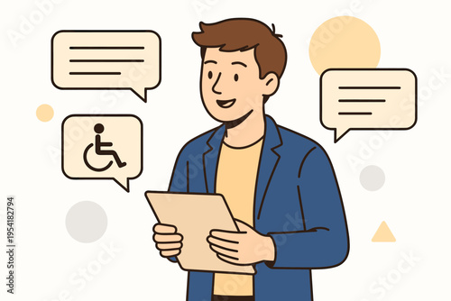 Man holding tablet with speech bubbles and accessibility symbol, representing communication and inclusion