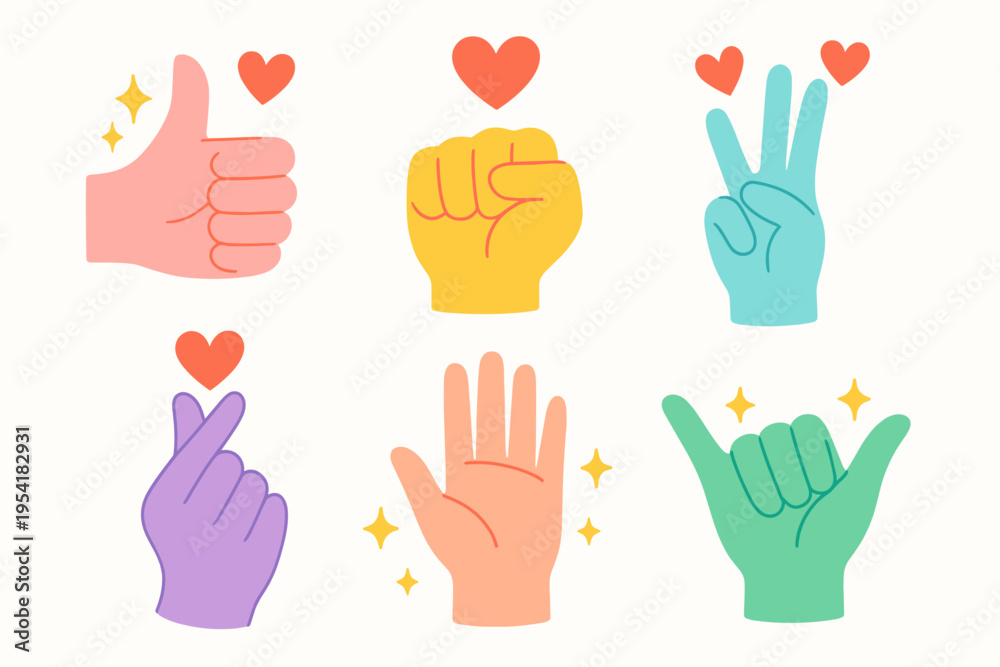 Fototapeta premium Collection of diverse hand gestures and symbols with hearts and sparkles