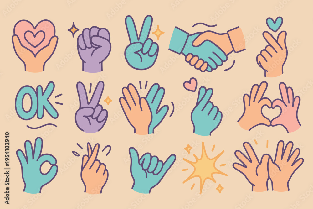 Fototapeta premium Collection of diverse hand gestures and symbols in a playful, modern cartoon style