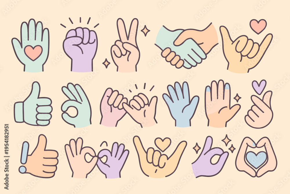 Fototapeta premium Collection of diverse hand gestures and symbols in pastel colors, conveying positive emotions and communication