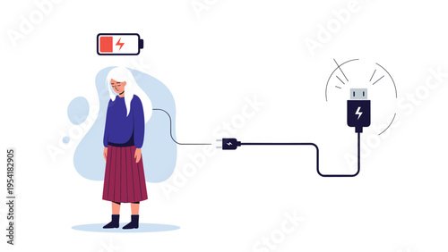 Exhausted woman with red low battery icon over her head seeking to recharge near a large power plug for energy recovery.