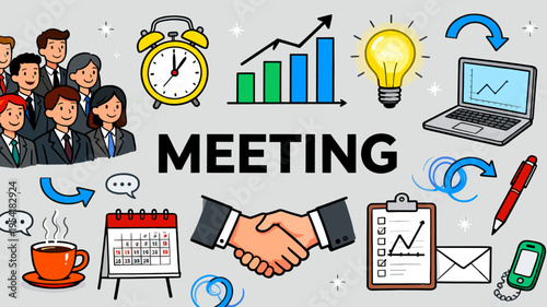 Business meeting illustration with charts, clock, and checklist icons symbolizing productivity
