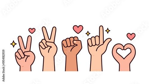 Diverse hands showing symbols of peace, love, unity, and support with hearts and sparkles