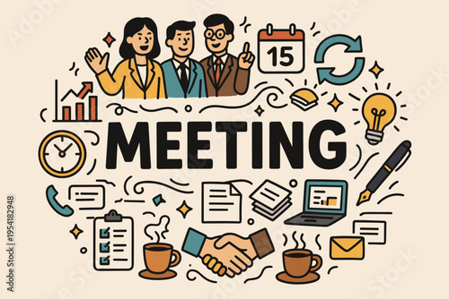 Business meeting concept with diverse team, calendar, clock, and office supplies illustration