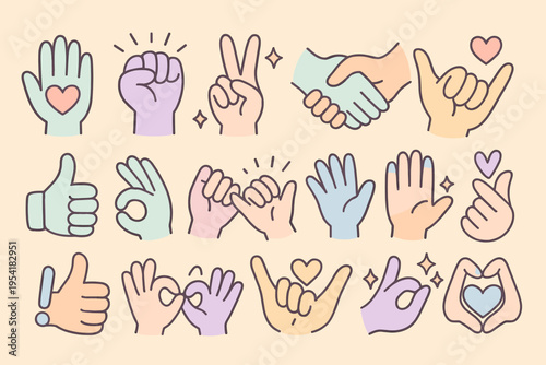 Collection of diverse hand gestures and symbols in pastel colors, conveying positive emotions and communication
