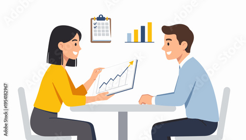 Two professionals discuss financial growth and strategy during a collaborative meeting, with visual aids like charts and calendars present