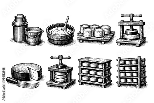 Vintage illustration of cheese making equipment and dairy products on white background