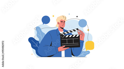 Enthusiastic man holding professional movie clapperboard board against abstract blue and yellow background representing film making.