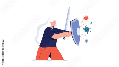 Brave woman with sword and shield fighting against flying virus particles representing immune system strength and protection.