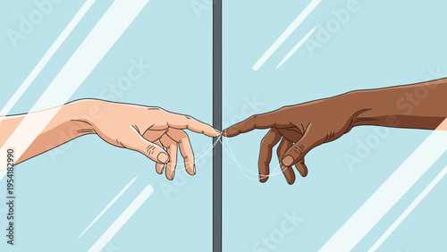 Connection between diverse individuals is represented by hands of different skin tones reaching out to touch through a clear glass barrier.