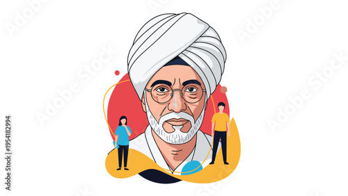 Artistic portrait of a distinguished man wearing a turban and glasses, set against a colorful abstract background with small figures.