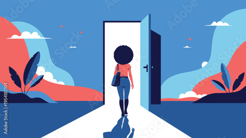Woman with an afro walks through an open doorway into a bright white light, symbolizing new opportunities and a positive future.