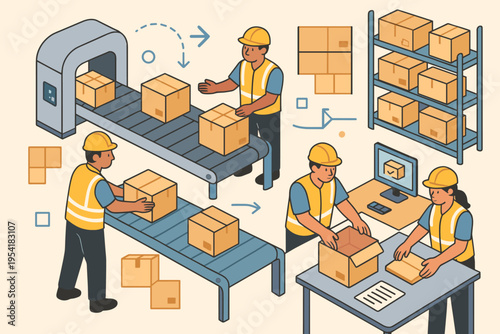 Warehouse workers and conveyor belts process packages for efficient logistics and distribution