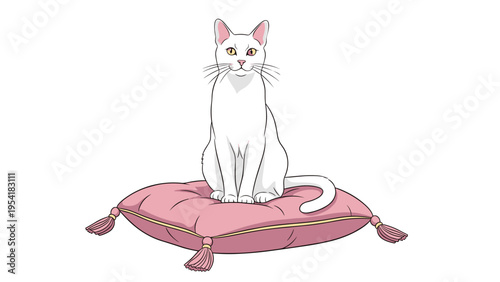 Elegant white cat sits regally on a large pink velvet cushion with decorative tassels against a clean white background.