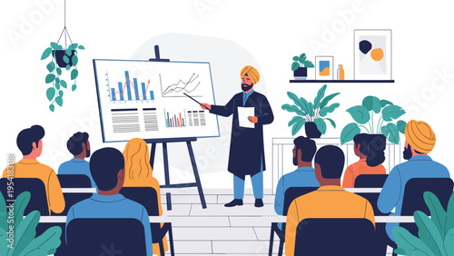 Professional man wearing a turban uses a pointer to present data charts on a whiteboard to a diverse group of seated people.