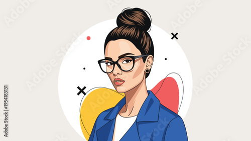 Stylish woman with large glasses and hair in a high bun poses against a minimalist background with abstract shapes and patterns.