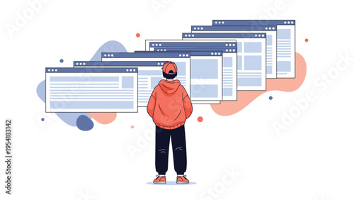 Person in a red hoodie stands before several floating browser windows, illustrating information overload or a digital workspace.