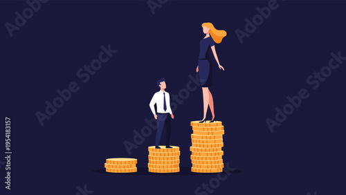 Conceptual illustration of gender pay gap showing a woman standing on a much taller stack of gold coins than her male colleague.