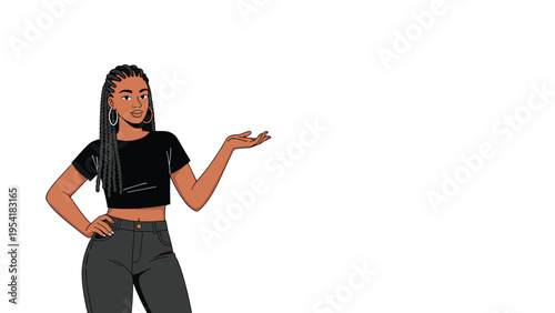 Confident black woman with braids wearing a black crop top and grey jeans gestures with her hand toward empty copy space.